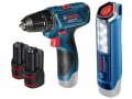 Аккум. дрель-шуруповерт BOSCH GSR 120-LI в чем. + фонарь GLI 12V-300 (12.0 В, 2 акк., 1.5 А/ч Li-Ion, 2 скор., 30 Нм, шурупы до 7 мм)